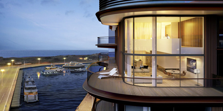 The balconies project at different distances from the building towards the harbour. As with almost every order placed by the glass benders, each individual pane was unique. - © Versluys Groep / One Baelskaai, Oosteroever Ostend
 The balconies project at different distances from the building towards the harbour. As with almost every order placed by the glass benders, each individual pane was unique.