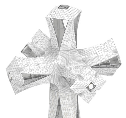 Futuristic, abstract structure with geometric, lattice-like design and multiple protruding sections. - © Josef Gartner GmbH