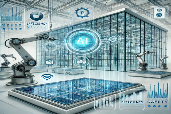Futuristic factory with AI, robotic arms, holographic displays, and transparent walls, emphasizing efficiency and safety. - © Generated using DALL-E