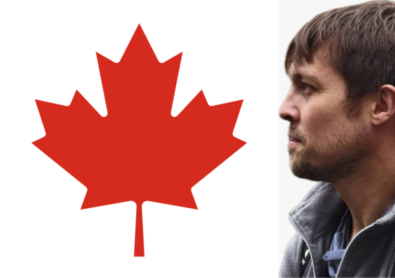Side profile of a man facing a large red maple leaf on a white background. - © GlazingAI/DALL-E