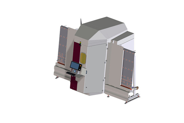 Industriemaschine mit einem Bedienfeld, Seitenwänden und Metallteilen auf weißem Hintergrund. - © Lisec Laser Solutions