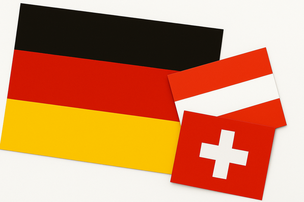 Die Flaggen von Deutschland, Österreich und der Schweiz sind auf weißem Hintergrund angeordnet. - © AI generated picture