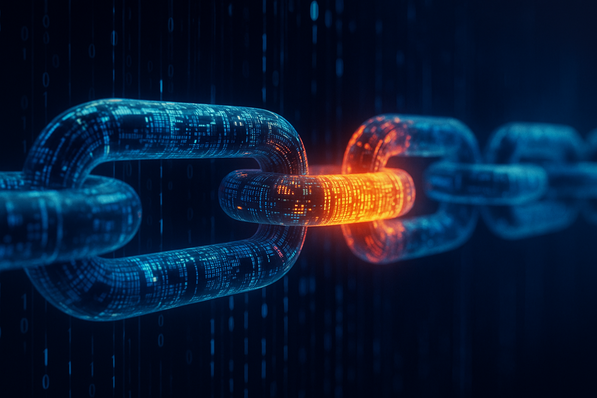 Eine digitale Kette mit einem leuchtenden orangefarbenen Glied zwischen blauen Gliedern, das die Blockchain-Technologie symbolisiert. - © AI-generated image