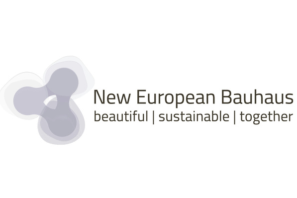 Neues europäisches Bauhaus-Logo mit abstrakten Formen und den Worten "beautiful | sustainable | together". - © Glass for Europe